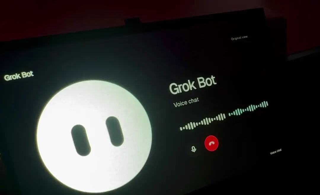 Grok Bot’s face, voice waveform, microphone and end-call controls on the real Waveshare display