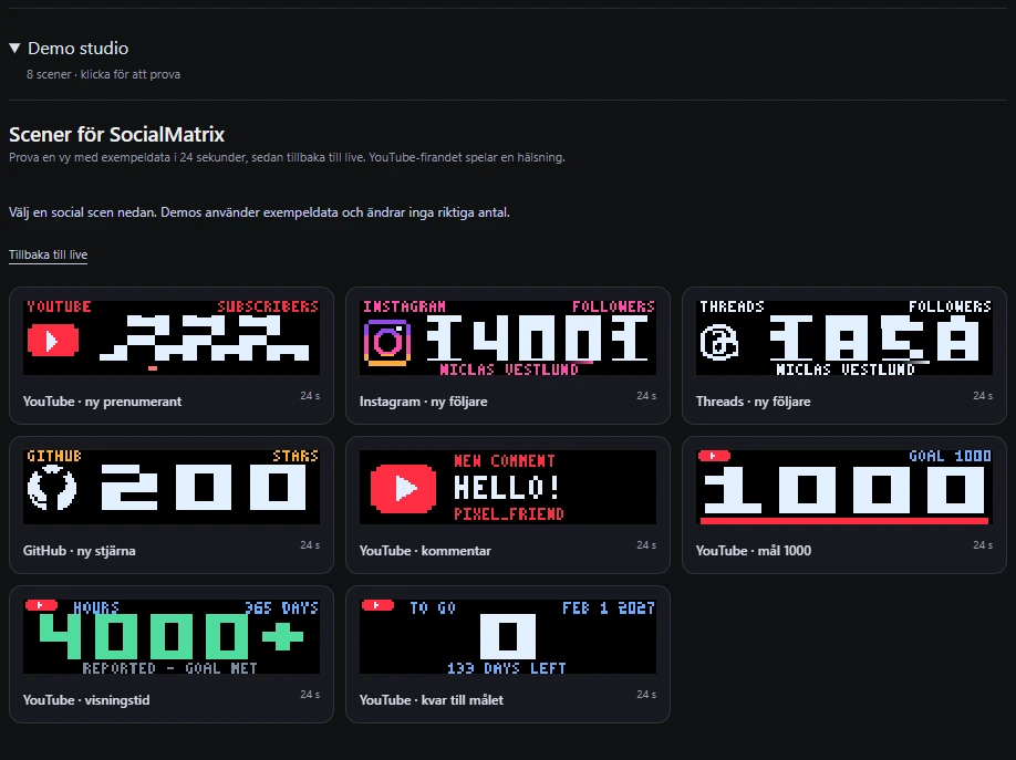 Demo studio with eight labeled SocialMatrix scene previews and a return-to-live control