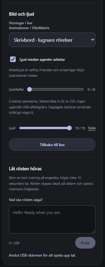 Image and sound controls, brightness and volume sliders, and a text-to-speech input with the USB connection requirement visible