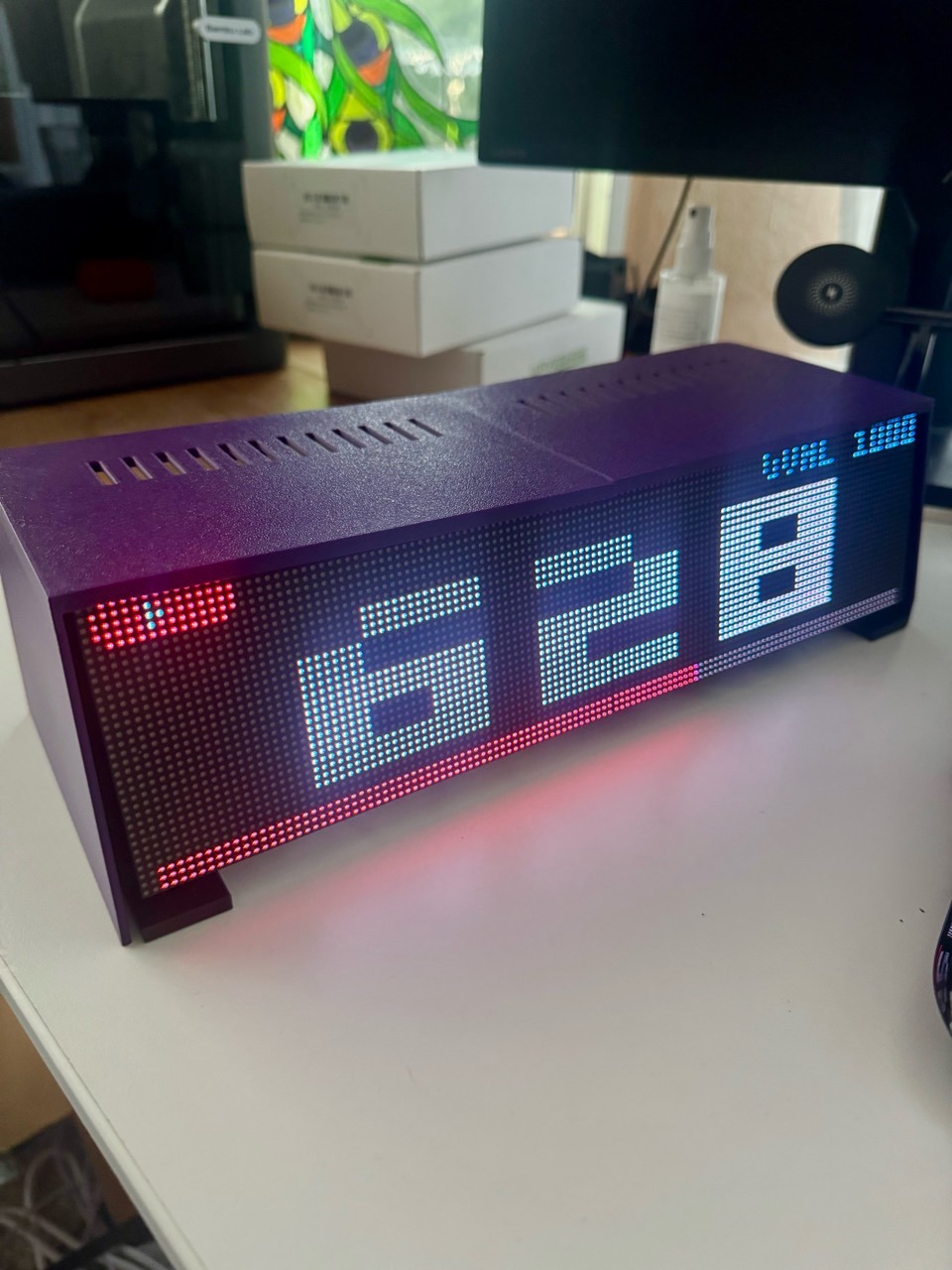 VibeMatrix in its purple custom printed enclosure, still in development