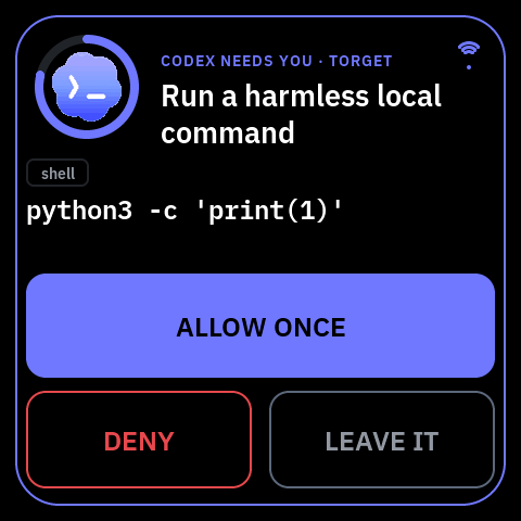 A safe-command approval on the panel: python3 -c print(1), with ALLOW ONCE, DENY and LEAVE IT