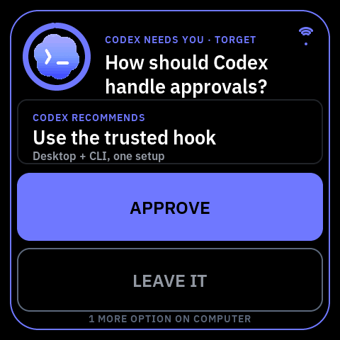 A Codex question on the panel: how should Codex handle approvals, with a recommended option and an APPROVE button